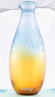 Hand Blown Murano Style Large Art Glass Vase Textured Amber Blue 17 1/4 Tall