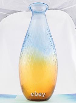 Hand Blown Murano Style Large Art Glass Vase Textured Amber Blue 17 1/4 Tall