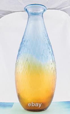 Hand Blown Murano Style Large Art Glass Vase Textured Amber Blue 17 1/4 Tall