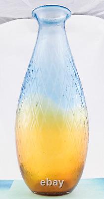 Hand Blown Murano Style Large Art Glass Vase Textured Amber Blue 17 1/4 Tall