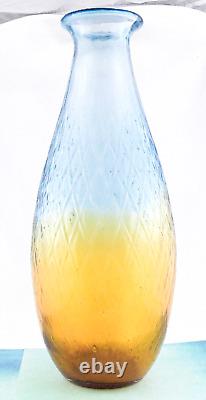 Hand Blown Murano Style Large Art Glass Vase Textured Amber Blue 17 1/4 Tall