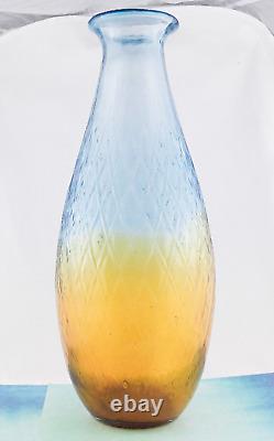 Hand Blown Murano Style Large Art Glass Vase Textured Amber Blue 17 1/4 Tall