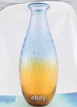 Hand Blown Murano Style Large Art Glass Vase Textured Amber Blue 17 1/4 Tall