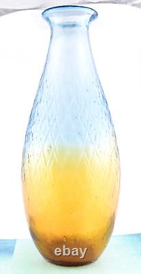 Hand Blown Murano Style Large Art Glass Vase Textured Amber Blue 17 1/4 Tall