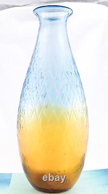 Hand Blown Murano Style Large Art Glass Vase Textured Amber Blue 17 1/4 Tall