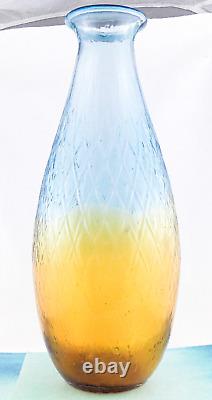 Hand Blown Murano Style Large Art Glass Vase Textured Amber Blue 17 1/4 Tall