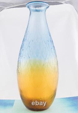 Hand Blown Murano Style Large Art Glass Vase Textured Amber Blue 17 1/4 Tall