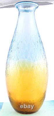 Hand Blown Murano Style Large Art Glass Vase Textured Amber Blue 17 1/4 Tall