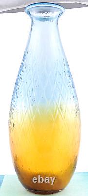 Hand Blown Murano Style Large Art Glass Vase Textured Amber Blue 17 1/4 Tall