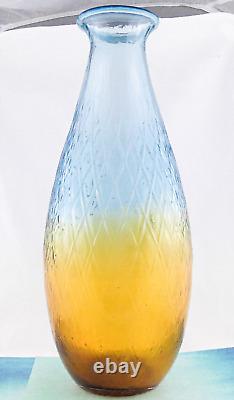 Hand Blown Murano Style Large Art Glass Vase Textured Amber Blue 17 1/4 Tall