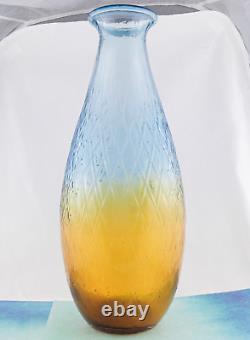 Hand Blown Murano Style Large Art Glass Vase Textured Amber Blue 17 1/4 Tall