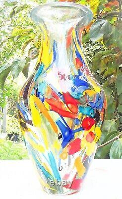 Hand Blown Murano Style Multicolored Rainbow Confetti Art Glass Vase 10.5