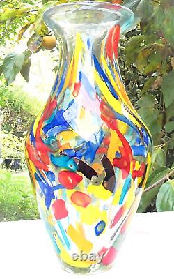 Hand Blown Murano Style Multicolored Rainbow Confetti Art Glass Vase 10.5