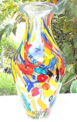 Hand Blown Murano Style Multicolored Rainbow Confetti Art Glass Vase 10.5