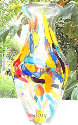 Hand Blown Murano Style Multicolored Rainbow Confetti Art Glass Vase 10.5