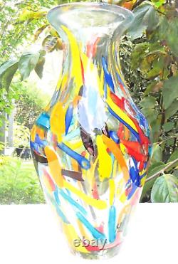 Hand Blown Murano Style Multicolored Rainbow Confetti Art Glass Vase 10.5