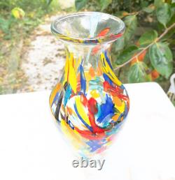 Hand Blown Murano Style Multicolored Rainbow Confetti Art Glass Vase 10.5