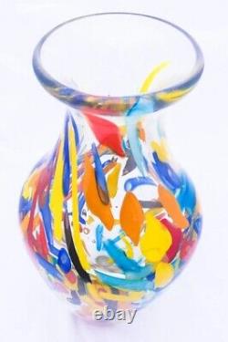 Hand Blown Murano Style Multicolored Rainbow Confetti Art Glass Vase 10.5