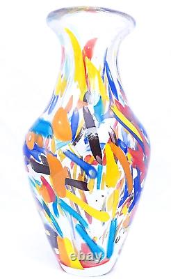 Hand Blown Murano Style Multicolored Rainbow Confetti Art Glass Vase 10.5