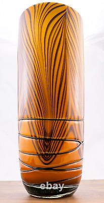 Hand Blown Murano Style Orange Black Tiger Striped Swirl Art Glass Vase 13-7/8