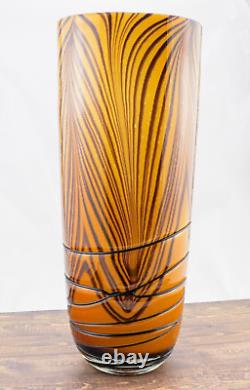 Hand Blown Murano Style Orange Black Tiger Striped Swirl Art Glass Vase 13-7/8