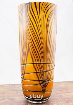 Hand Blown Murano Style Orange Black Tiger Striped Swirl Art Glass Vase 13-7/8