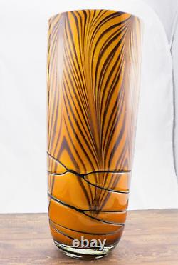 Hand Blown Murano Style Orange Black Tiger Striped Swirl Art Glass Vase 13-7/8