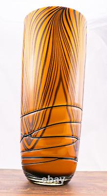 Hand Blown Murano Style Orange Black Tiger Striped Swirl Art Glass Vase 13-7/8