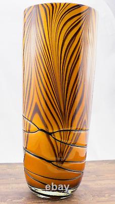 Hand Blown Murano Style Orange Black Tiger Striped Swirl Art Glass Vase 13-7/8