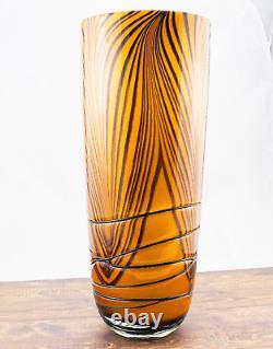 Hand Blown Murano Style Orange Black Tiger Striped Swirl Art Glass Vase 13-7/8