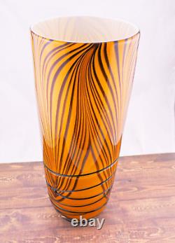 Hand Blown Murano Style Orange Black Tiger Striped Swirl Art Glass Vase 13-7/8