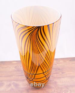 Hand Blown Murano Style Orange Black Tiger Striped Swirl Art Glass Vase 13-7/8