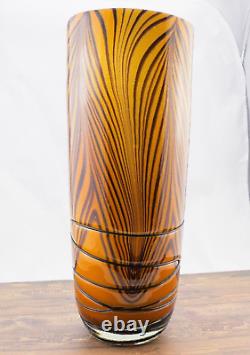 Hand Blown Murano Style Orange Black Tiger Striped Swirl Art Glass Vase 13-7/8