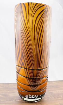 Hand Blown Murano Style Orange Black Tiger Striped Swirl Art Glass Vase 13-7/8