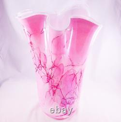 Hand Blown Murano Style Pink Brushstroke Handkerchief Ruffle Art Glass Vase 13