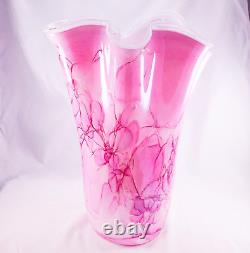 Hand Blown Murano Style Pink Brushstroke Handkerchief Ruffle Art Glass Vase 13