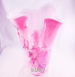 Hand Blown Murano Style Pink Brushstroke Handkerchief Ruffle Art Glass Vase 13