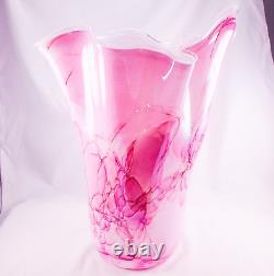 Hand Blown Murano Style Pink Brushstroke Handkerchief Ruffle Art Glass Vase 13