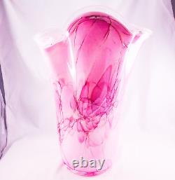 Hand Blown Murano Style Pink Brushstroke Handkerchief Ruffle Art Glass Vase 13