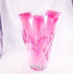 Hand Blown Murano Style Pink Brushstroke Handkerchief Ruffle Art Glass Vase 13