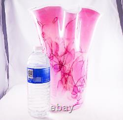 Hand Blown Murano Style Pink Brushstroke Handkerchief Ruffle Art Glass Vase 13