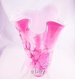 Hand Blown Murano Style Pink Brushstroke Handkerchief Ruffle Art Glass Vase 13