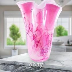 Hand Blown Murano Style Pink Brushstroke Handkerchief Ruffle Art Glass Vase 13