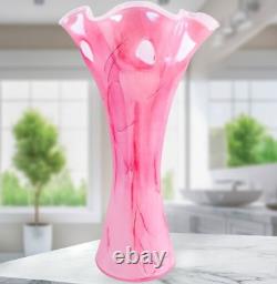 Hand Blown Murano Style Pink Watercolor Brushstroke Flower Rim Art Glass Vase