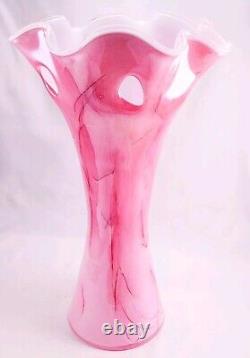 Hand Blown Murano Style Pink Watercolor Brushstroke Flower Rim Art Glass Vase