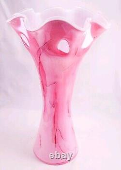 Hand Blown Murano Style Pink Watercolor Brushstroke Flower Rim Art Glass Vase