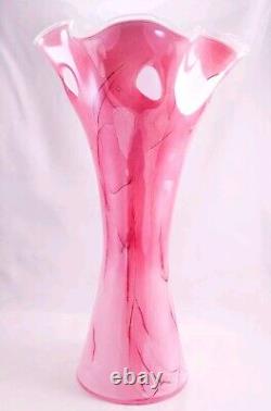 Hand Blown Murano Style Pink Watercolor Brushstroke Flower Rim Art Glass Vase