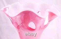 Hand Blown Murano Style Pink Watercolor Brushstroke Flower Rim Art Glass Vase