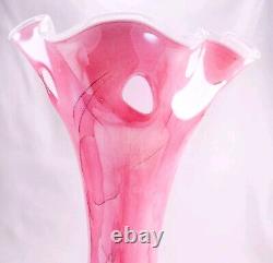 Hand Blown Murano Style Pink Watercolor Brushstroke Flower Rim Art Glass Vase