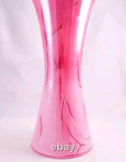 Hand Blown Murano Style Pink Watercolor Brushstroke Flower Rim Art Glass Vase